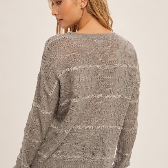 HEM & THREAD Grey Lightweight Open Knit Sweater, Long Sleeve Pullover, Casual - Picture 2 of 2